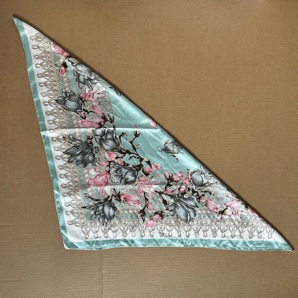 Cherry Blossom Floral Satin Silky Square Scarf 27” Women’s Hair Wrap Bandana - Picture 3 of 4